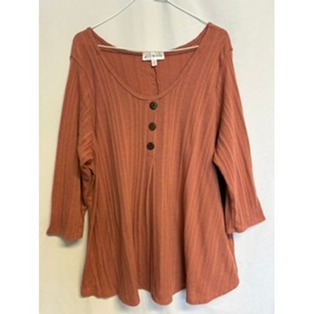 Star Vixen Women 3X Rust Ribbed Henley Top 3/4 Sleeve Scoop Neck Terracotta Plus